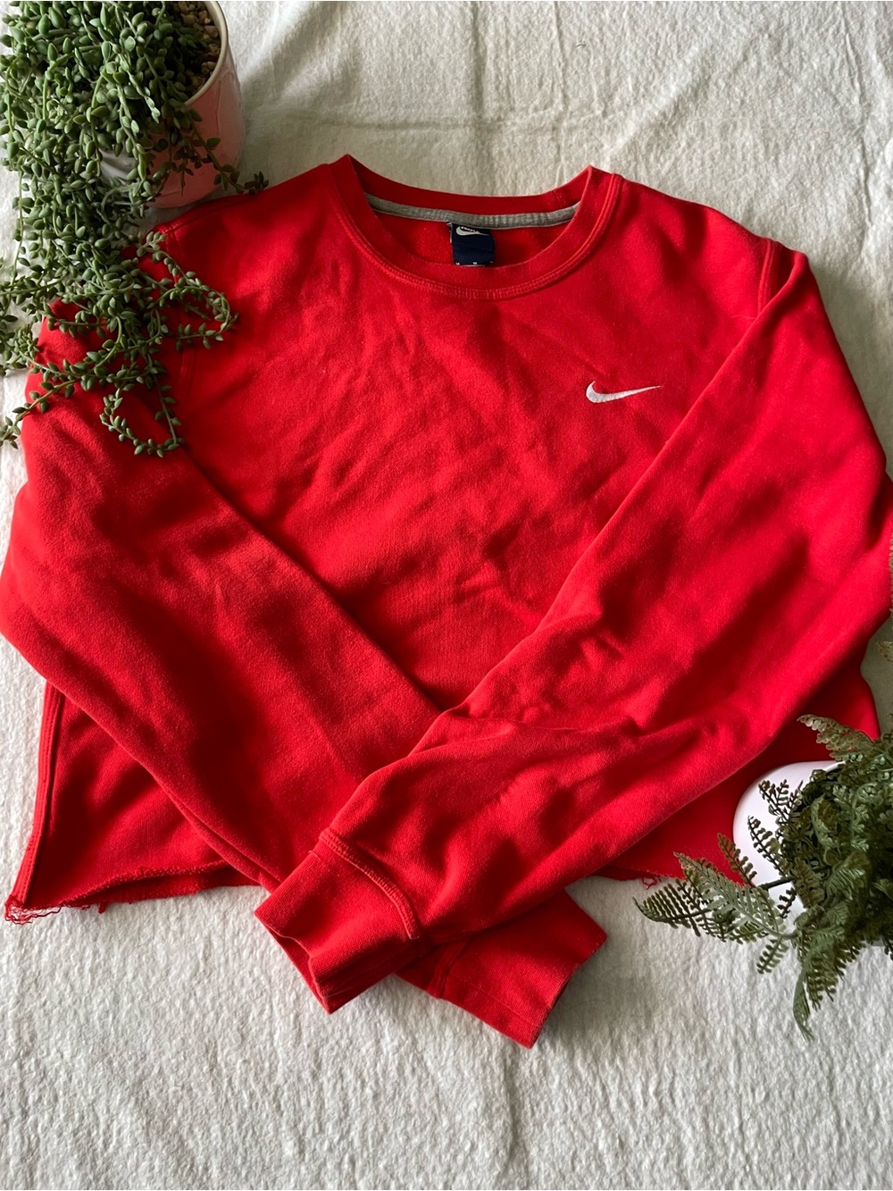 Nike Women's Bright Red cropped Crewneck Sweatshirt with White Swoosh